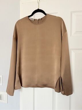 VINCE 100% Silk Tunic Top Women's Sz M Brown Long Sleeve Popover C-Neck Luxury